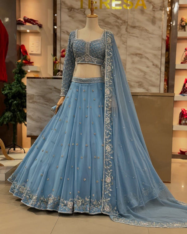 Soft Blue Designer Lehenga Choli with Full-Length Sleeves & Border Work