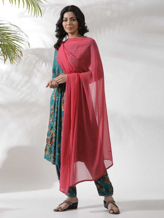 W Pink Embroidered Beads and Stones Chiffon Dupatta