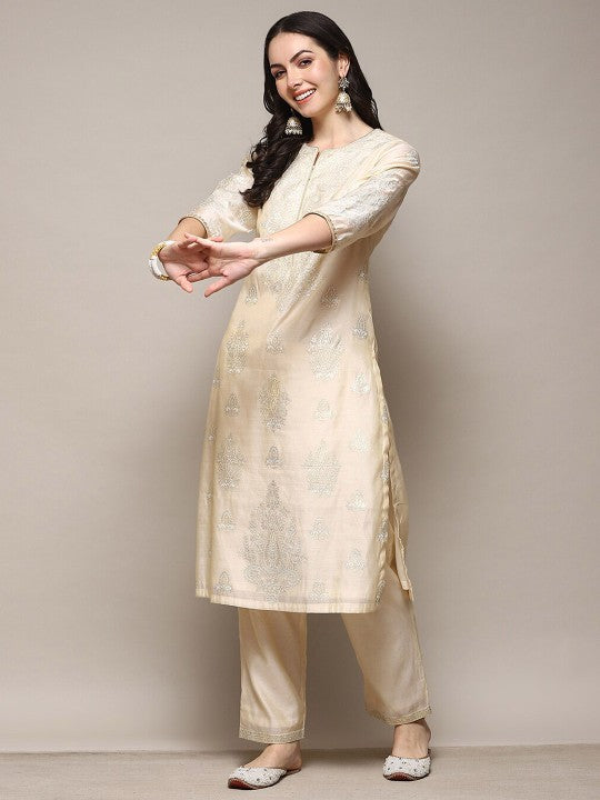 Biba Ethnic Motifs Printed A-Line Kurta with Palazzos - Off White & Cream