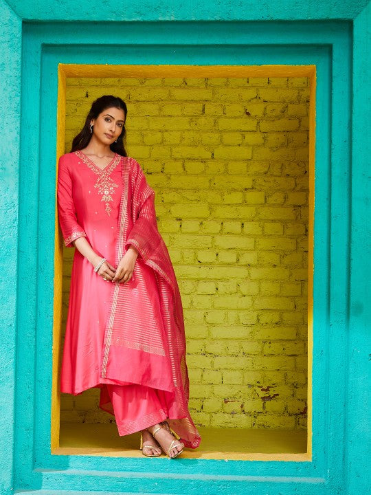 Biba Floral Embroidered A-Line Kurta & Palazzos With Dupatta