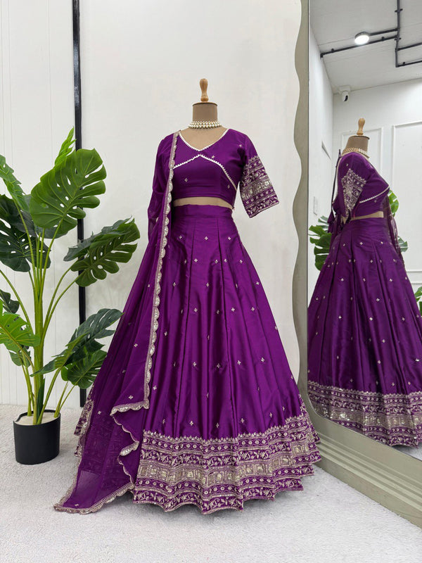 Royal Purple Silk Lehenga Choli with Intricate Zari Embroidery Perfect for Weddings Glam