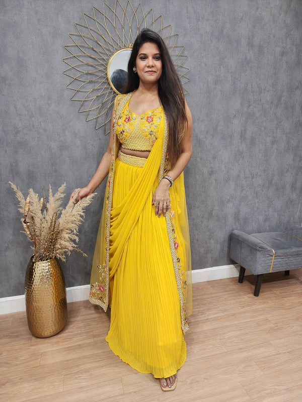 Vibrant Mustard Yellow Ready-to-Wear Saree with Jacket and Hand Embroidery