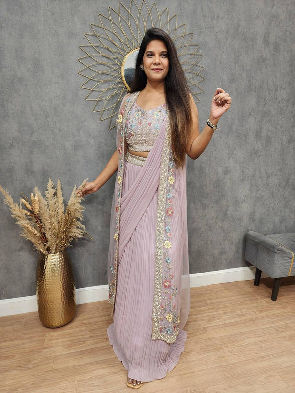 Soft Mauve Fusion Saree Set with Net Jacket and Thread Work Detailing