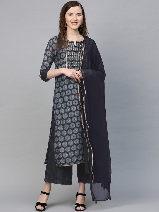 Biba Women Navy Blue & Off-White Printed Kurta with Palazzos & Dupatta