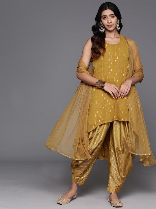 Biba Printed High-Low Hem Sleeveless Kurta with Dhoti Pants & Dupatta