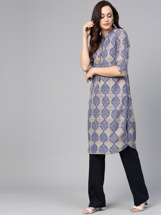 W Women Beige & Blue Printed Straight Kurta