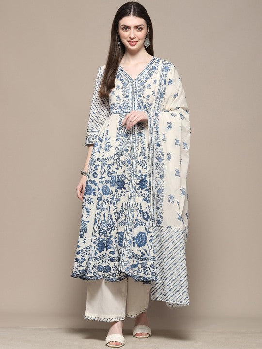 Biba Floral Printed Regular Pure Cotton Kurta with Palazzos & Dupatta