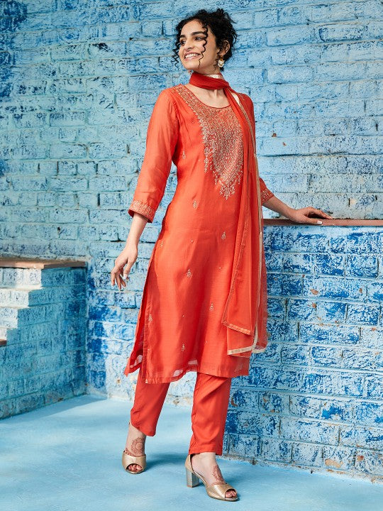 Biba Embroidered Regular Kurta with Trousers & Dupatta