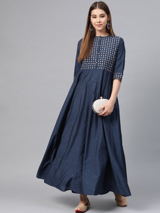 W Women Navy Blue Sequinned Ankle Length A-Line Kurta