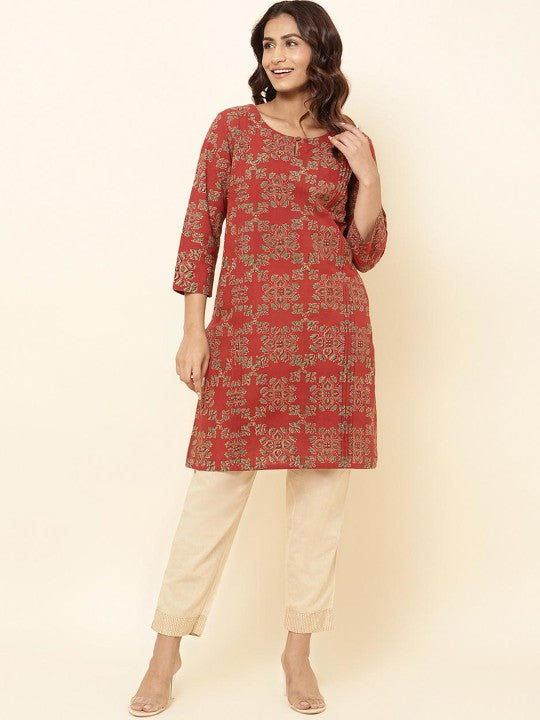 Fabindia Ethnic Motifs Printed Pleated Straight Kurta