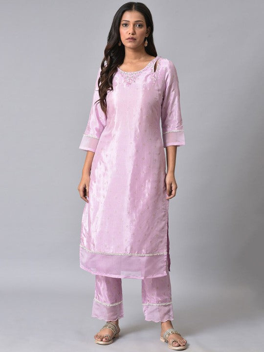 W Ethnic Motifs Printed Thread Work Straight Kurta With Trousers