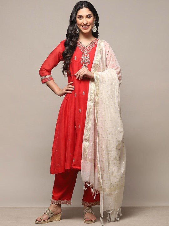 Biba Ethnic Motifs Embroidered Sequinned Kurta With Trouser & Dupatta