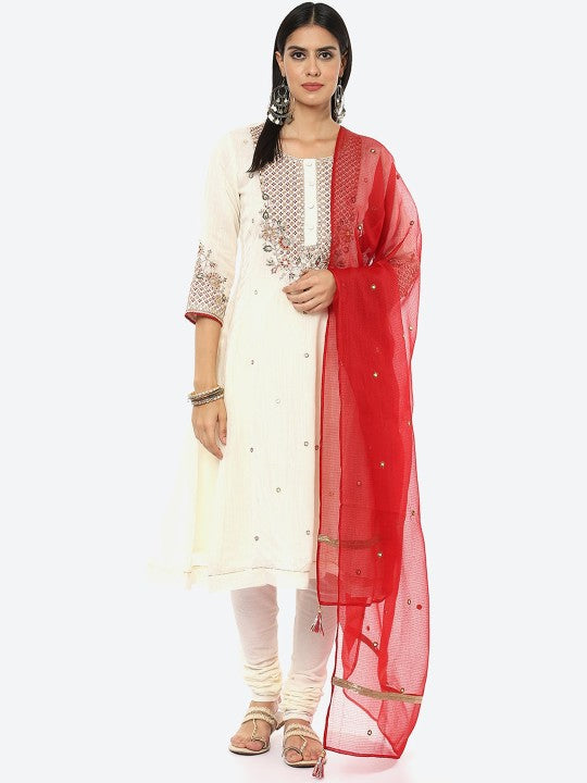 Biba Women Plus Size Off White Floral Embroidered Kurta with Churidar & Dupatta