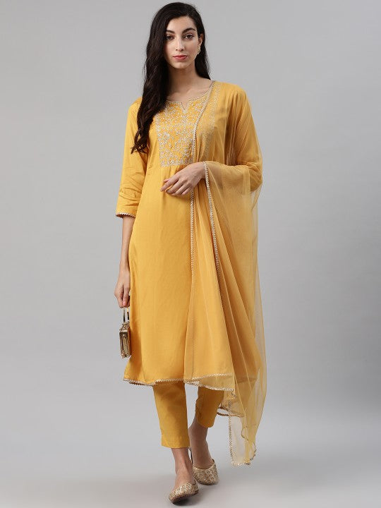 Biba Women Mustard Yellow Yoke Design Kurta with Trousers & Dupatta