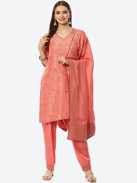 Biba Women Peach-Coloured Ethnic Motifs Embroidered Kurta with Salwar & With Dupatta