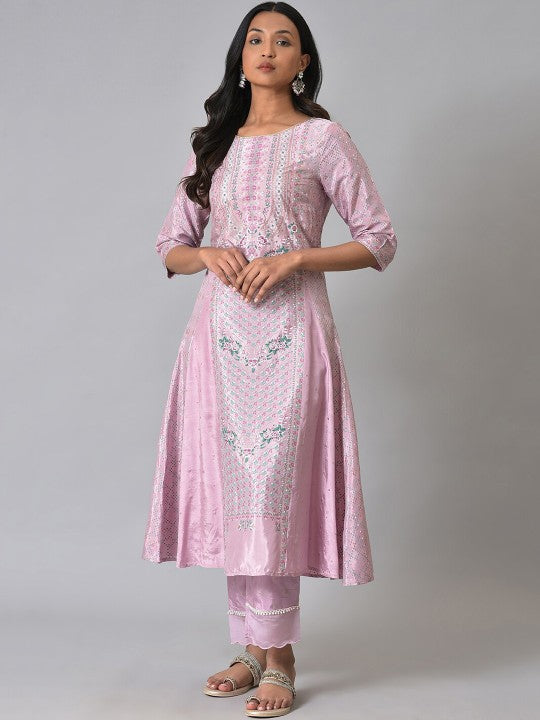 W Floral Printed Round Neck A-Line Kurta