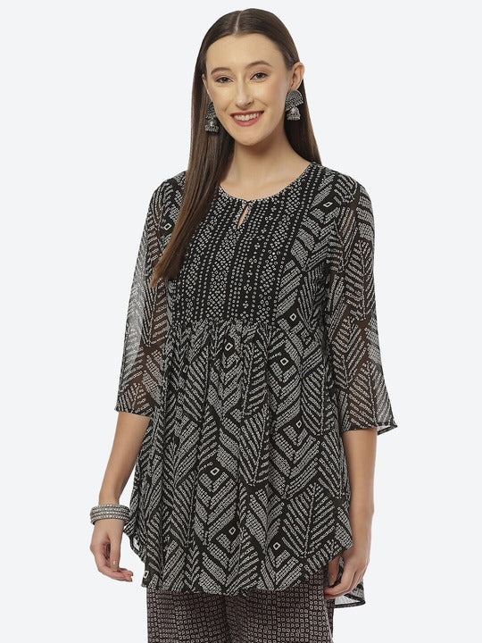 Biba Black & Grey Ethnic Motifs Printed Kurti