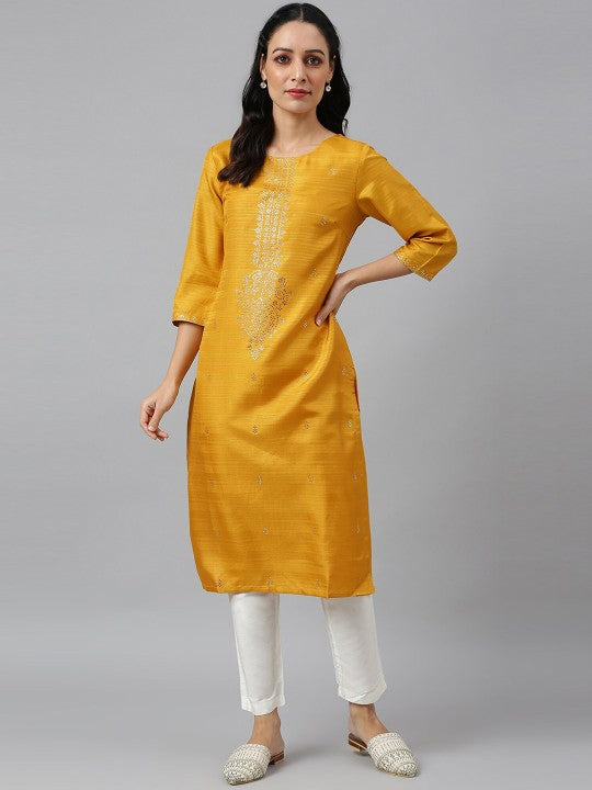 W Women Yellow Ethnic Motifs Embellished Kurta