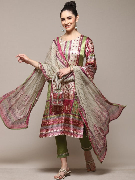 Biba Ethnic Motifs Printed Regular A-LIne Kurta with Trousers & Dupatta