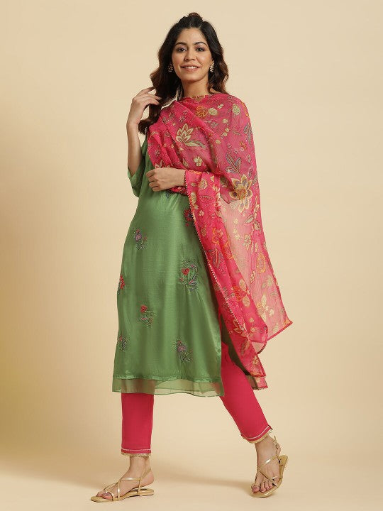 W Pink & Green Floral Printed Dupatta With Gotta Patti