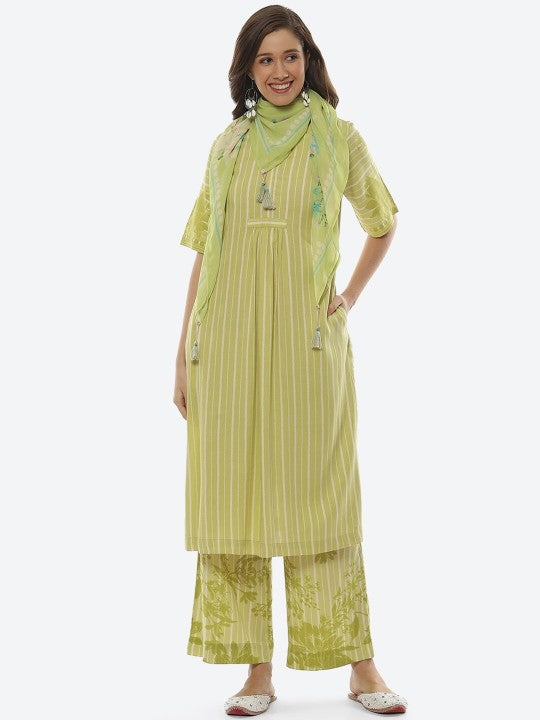 Biba Women Striped Pleated Kurta with Palazzos & Dupatta