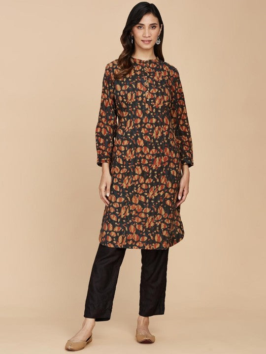 Fabindia Curved Band Collar Abstract Printed Straight Cotton Kurta