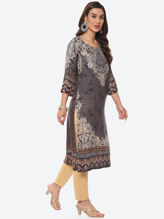 Biba Women Black Ethnic Motifs Printed Straight Fit Kurta