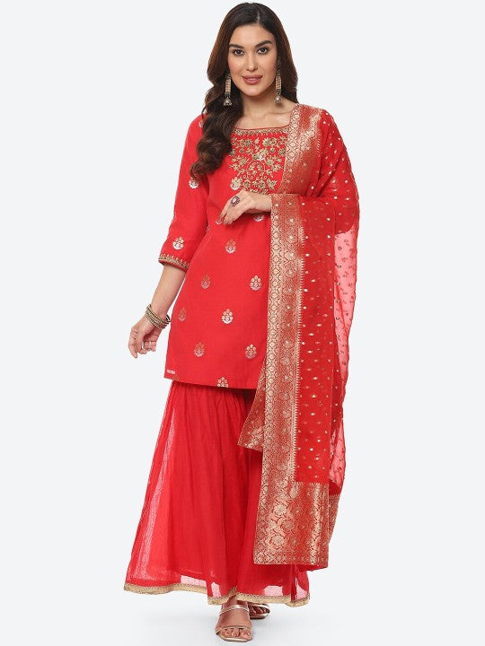 Biba Women Red Floral Embroidered Kurta with Sharara & With Dupatta