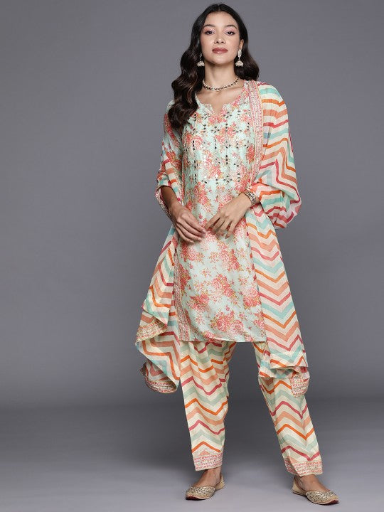 Biba Floral Printed Mirror Work Kurta with Salwar & Dupatta