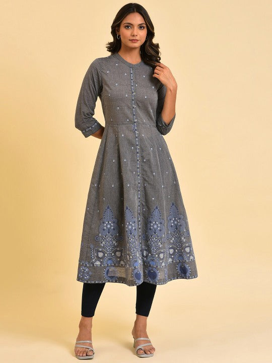 W Grey & Blue Ethnic Motifs Printed Pure Cotton A-Line Kurta