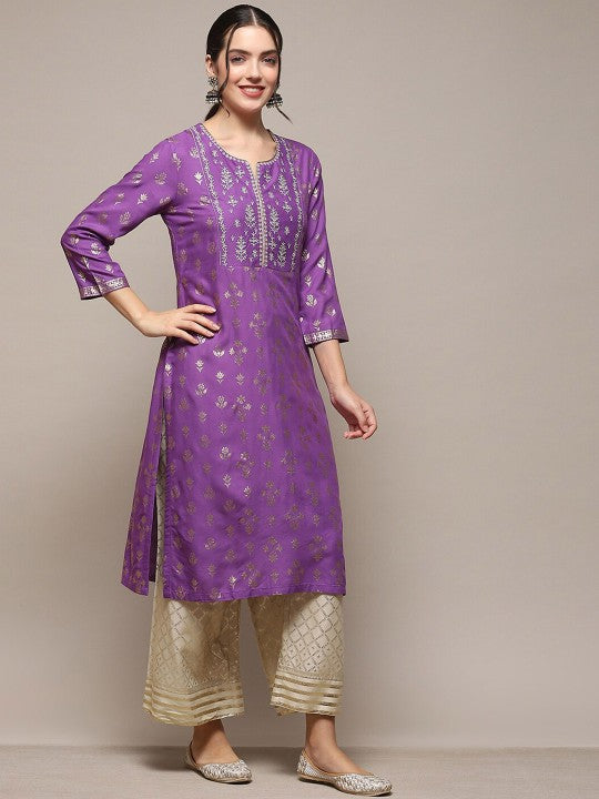 Biba Ethnic Motifs Printed Thread Work Straight Kurta with Palazzos