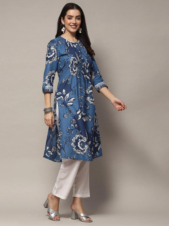 Biba Floral Printed Pure Cotton Lace Pleated A-Line Kurta