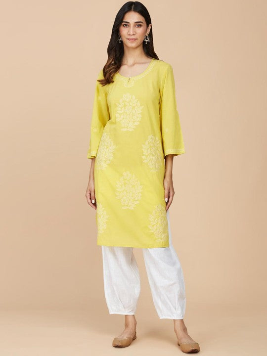 Fabindia Ethnic Motifs Embroidered Keyhole Neck Straight Cotton Kurta