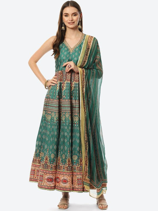 Biba Women Green Ethnic Motifs Printed Thread Work Dupion Silk Kurta With Dupatta