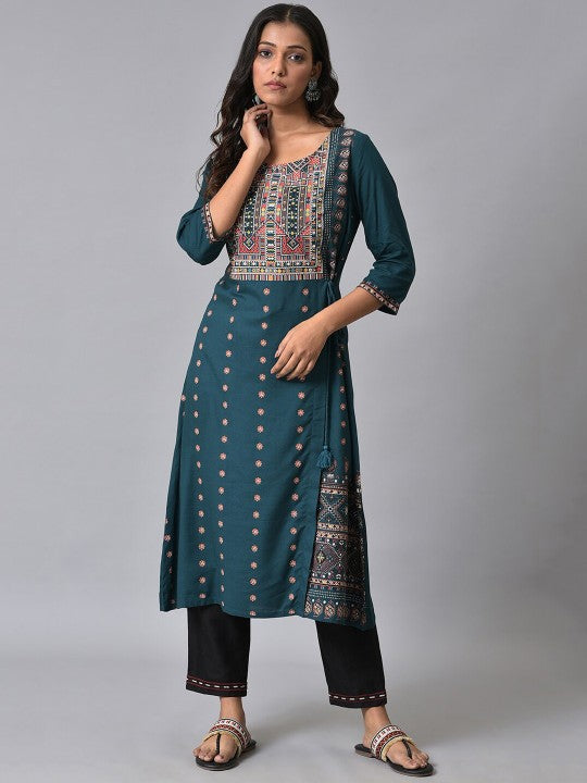 W Ethnic Motifs Printed Sequined A-Line Kurta with Trousers