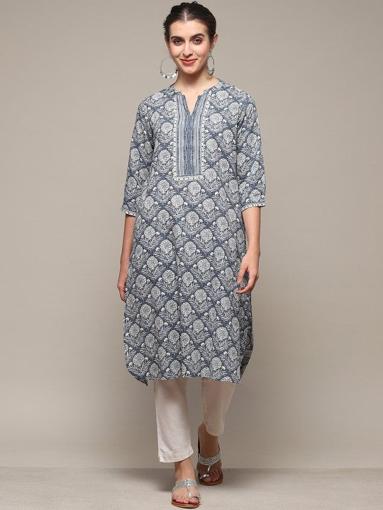 Biba Ethnic Motifs Printed Thread Work Mandarin Collar A-Line Kurta