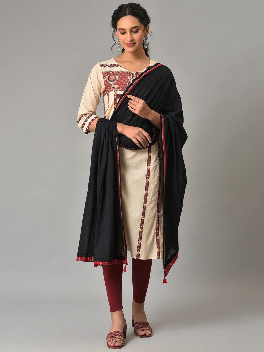 W Pure Cotton Dupatta With Tassels