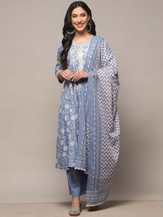 Biba Floral Printed Empire Mirror Work Pure Cotton Kurta With Palazzo & Dupatta