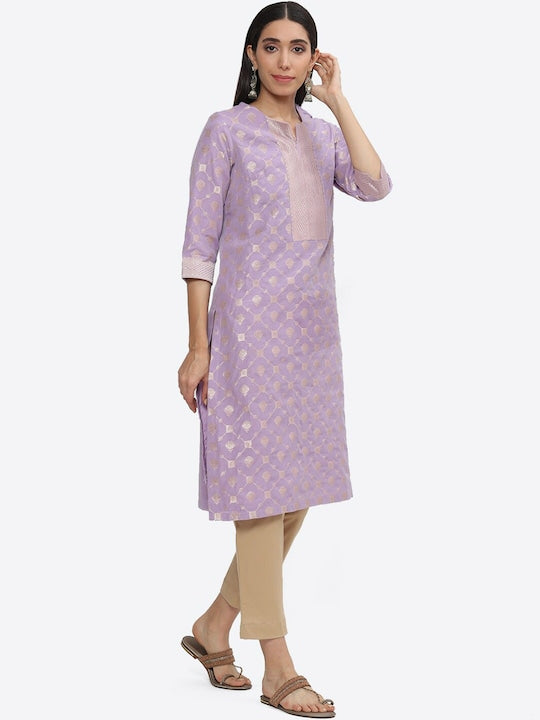 Biba Ethnic Motifs Woven Design Notched Neck Kurta