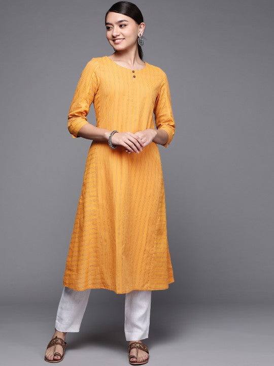 Fabindia Women Mustard Yellow Pure Cotton Striped Kurta