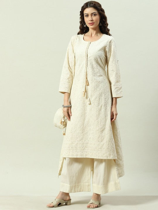 Biba Ethnic Motifs Embroidered Sequinned Kurta With Palazzos