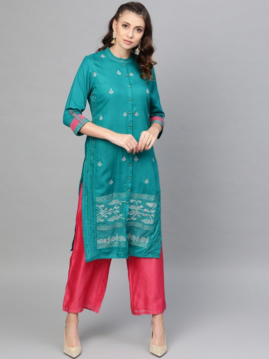 W Women Teal Green & Silver Embroidered Straight Sustainable Kurta