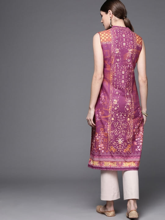 Biba Women Purple & Brown Pure Cotton Ethnic Motifs Printed V-Neck Sleeveless Kurta