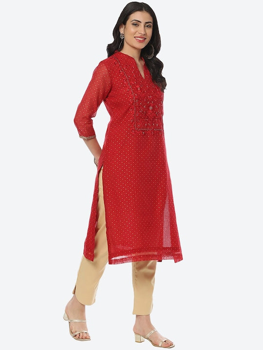 Biba Women Polka Dots Printed Thread Work Kurta - Red