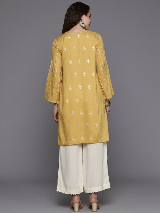 Biba Block Print Straight Kurta - Mustard Yellow & Golden