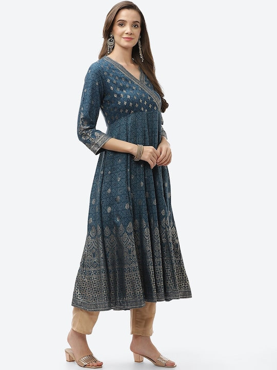 Biba Women Teal & Silver-Toned Ethnic Motifs Printed Thread Work Anarkali Kurta