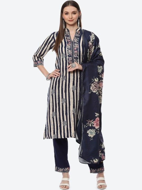 Biba Women Blue Floral Printed Kurta with Trousers With Dupatta