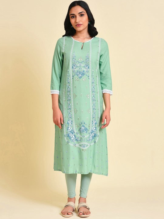 W Floral Printed Keyhole Neck Gotta Patti Straight Kurta