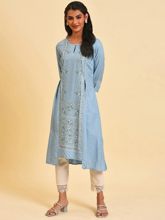 W Floral Printed Keyhole Neck A-Line Kurta