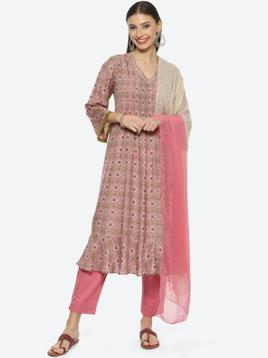 Biba Plus Size Floral Printed Kurta with Trousers & Dupatta